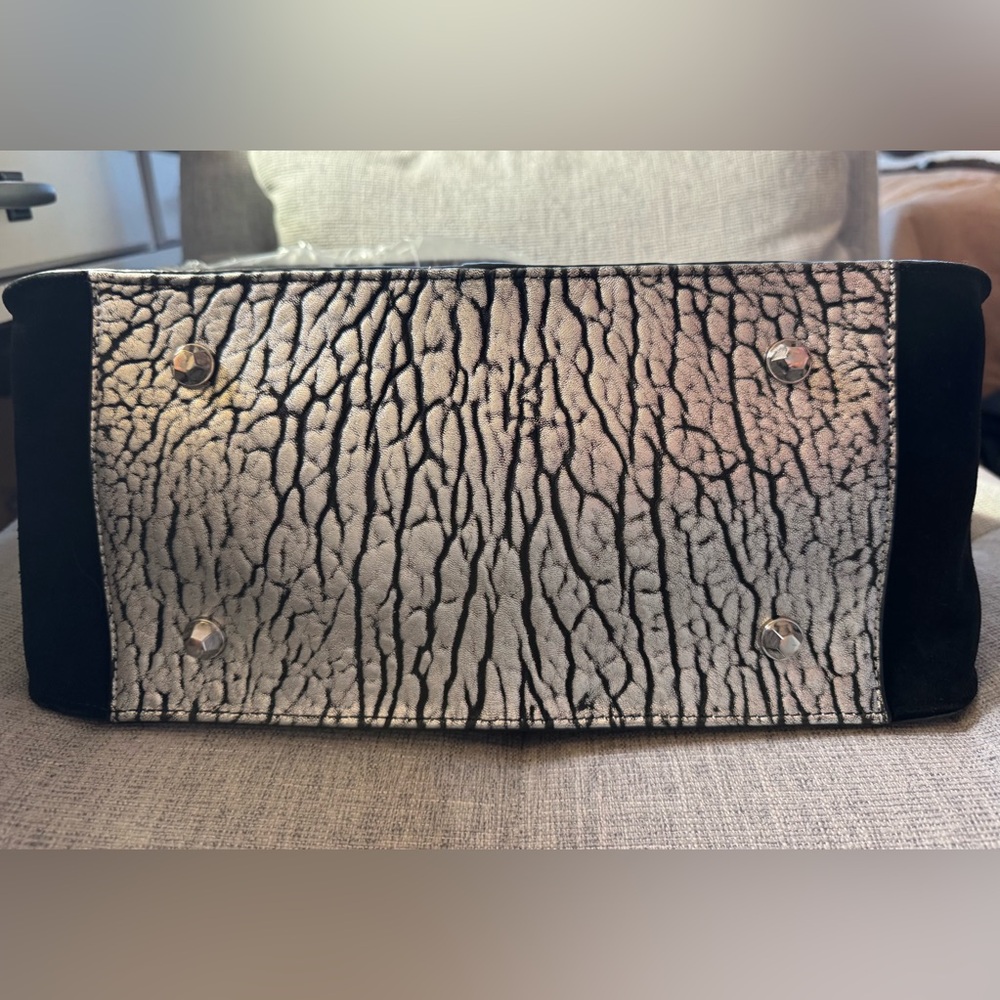 orYANY Silver & Black Embossed Leather Suede Top-Handle Crossbody Bag Large NWT - Picture 8 of 13